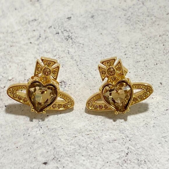 Vivienne Westwood Ariella Gold Heart Orb Earrings Zirconia with drawstring - Picture 1 of 7